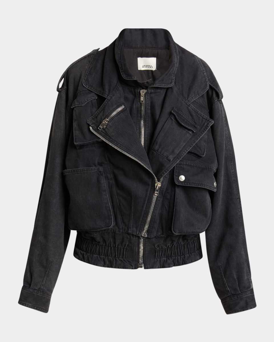 Aneli Asymmetric Double Denim Bomber Jacket